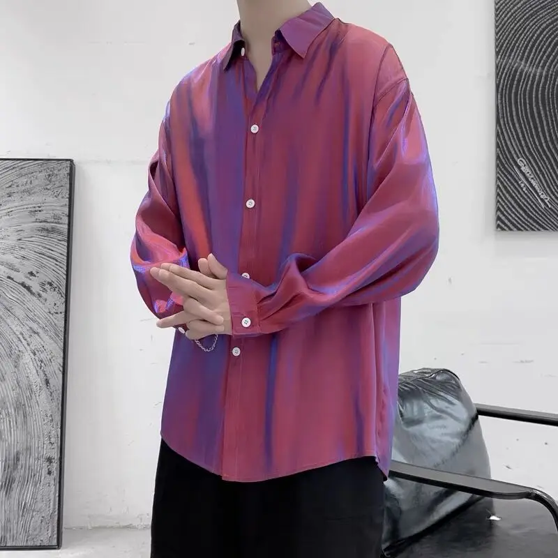 

Men Handsome Holographic Fashionable Temperament Punk Purple Long Sleeve Shirts Lapel Personal Design Oversized Reflective Tops