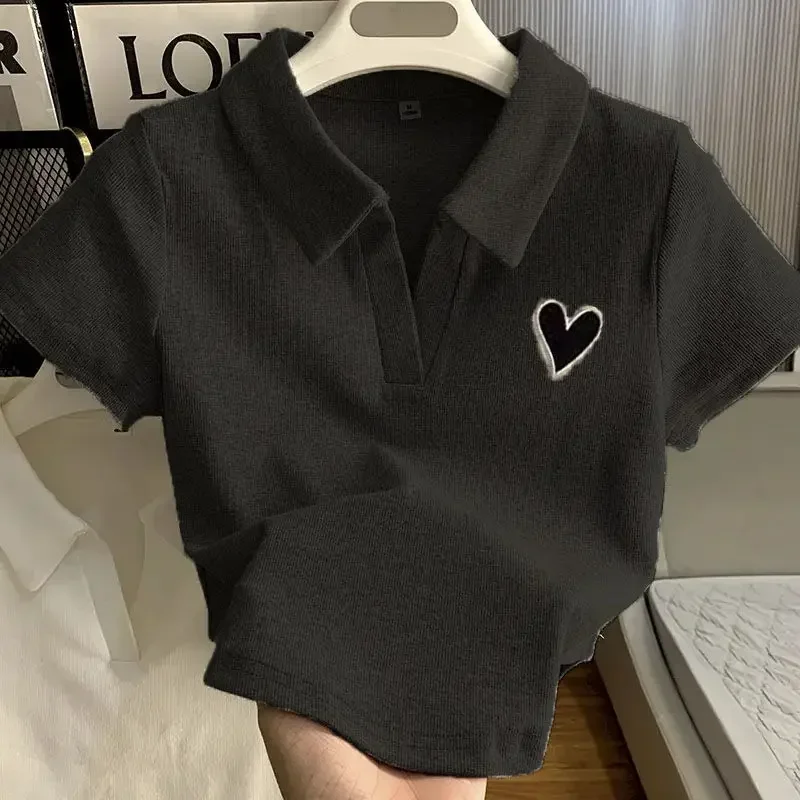 Loves Embroidery T-shirt Polo Collar Orthoshoulder Slim Hotsweet Women\'s Crop Top Korean Fashion Hottie Simple Casual Wholesale