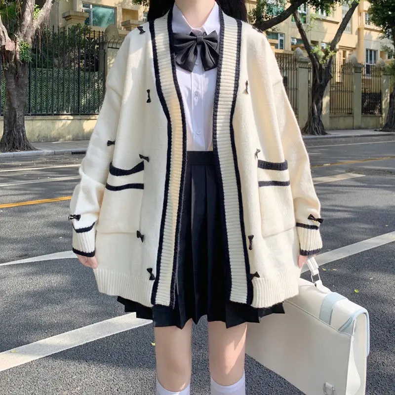 Preppy Style Beige Sweater Cardigan Women Japanese Fashion Sweet JK School Girly Oversize Bow Jumper Female Winter Tops