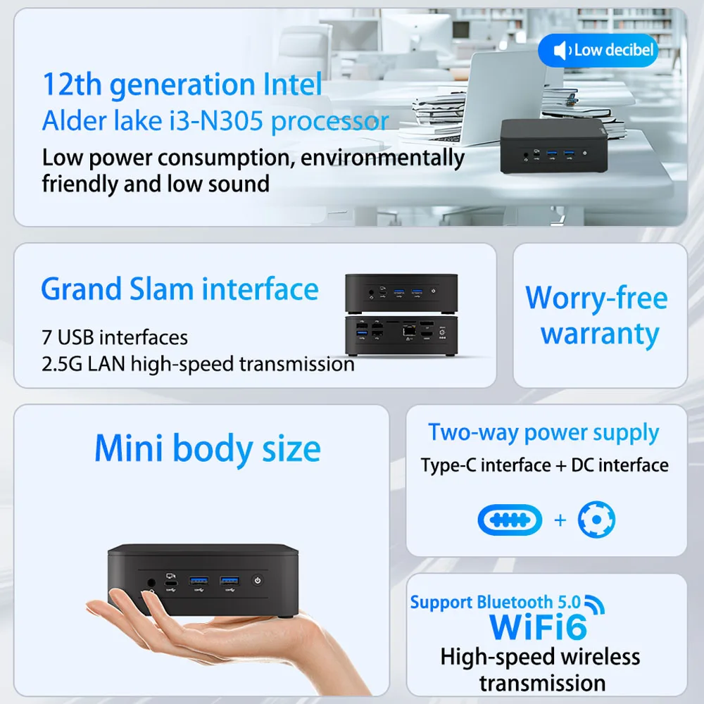 كمبيوتر Lenovo Mini Baiying NUC 12GO Intel Alder Lake i3-N305 Windows حتى 16 جيجابايت رام 512 جيجابايت روم ثنائي النطاق واي فاي بلوتوث USB كمبيوتر