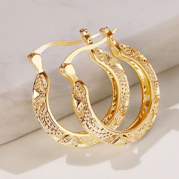 Huitan Fancy Hollow Out Pattern Hoop Earrings for Women Metal Style U Shape Circle Earrings Modern Fashion Girls Ear Jewelry