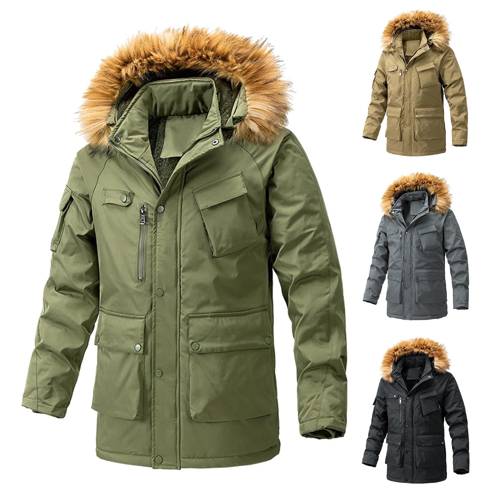 2024 Nuovi Uomini di Inverno Cappotto Lungo Cappuccio di Pelliccia Militare Caldo Tattico Bomber di Colore Solido di Spessore Multi Tasche Cappotto Maschile Caldo Parka