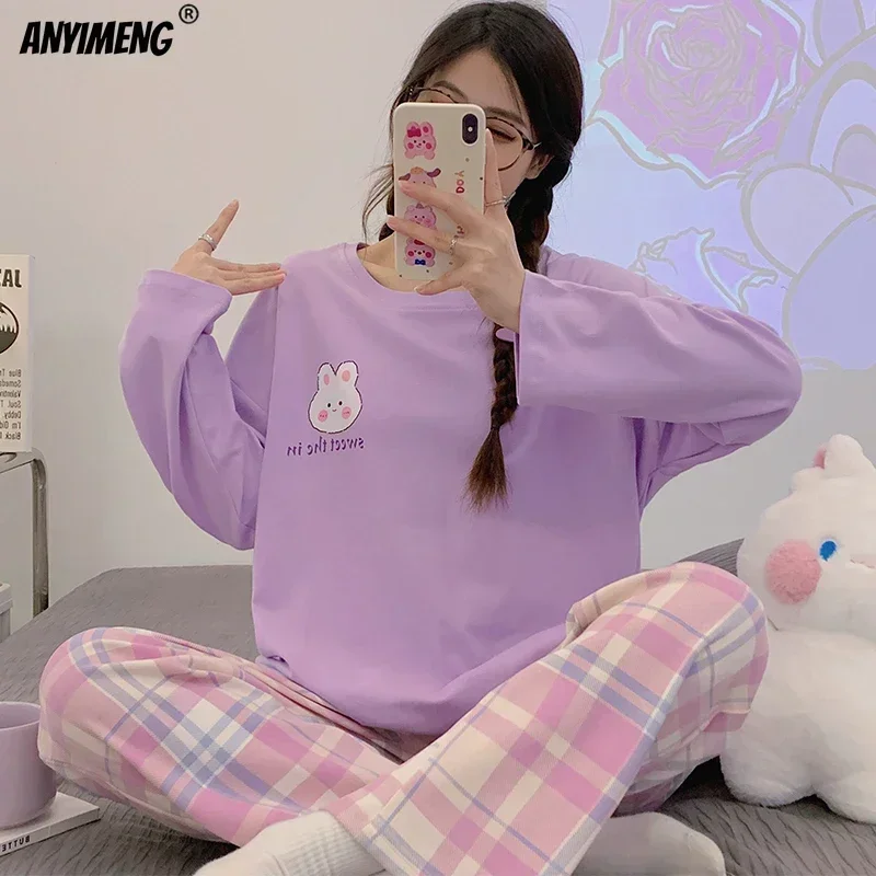 Korean Women Pajamas Set Cartoon Cotton Pajama Korean Long Sleeves Pijamas for O-neck Ladies Nightwear Cute Leisure Sleepwear