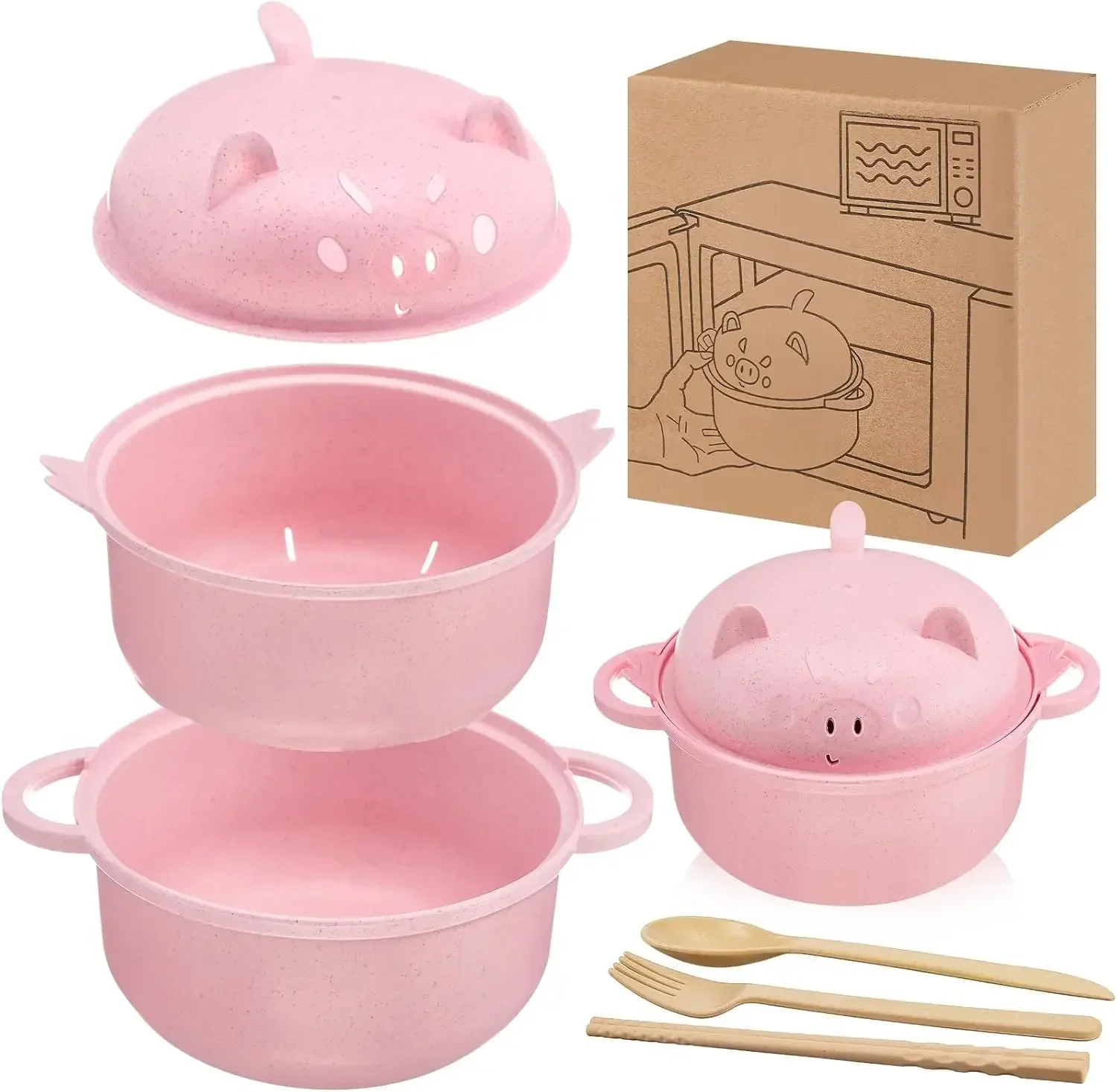 Juego de 1 tazón grande de ramen de 45 oz, adorable, apto para microondas, con diseño de cerdo, de paja de trigo, con colador, tapa, cuchara, palillos y tenedor, regalo de regreso a clases para dormitorio universitario (rosa)