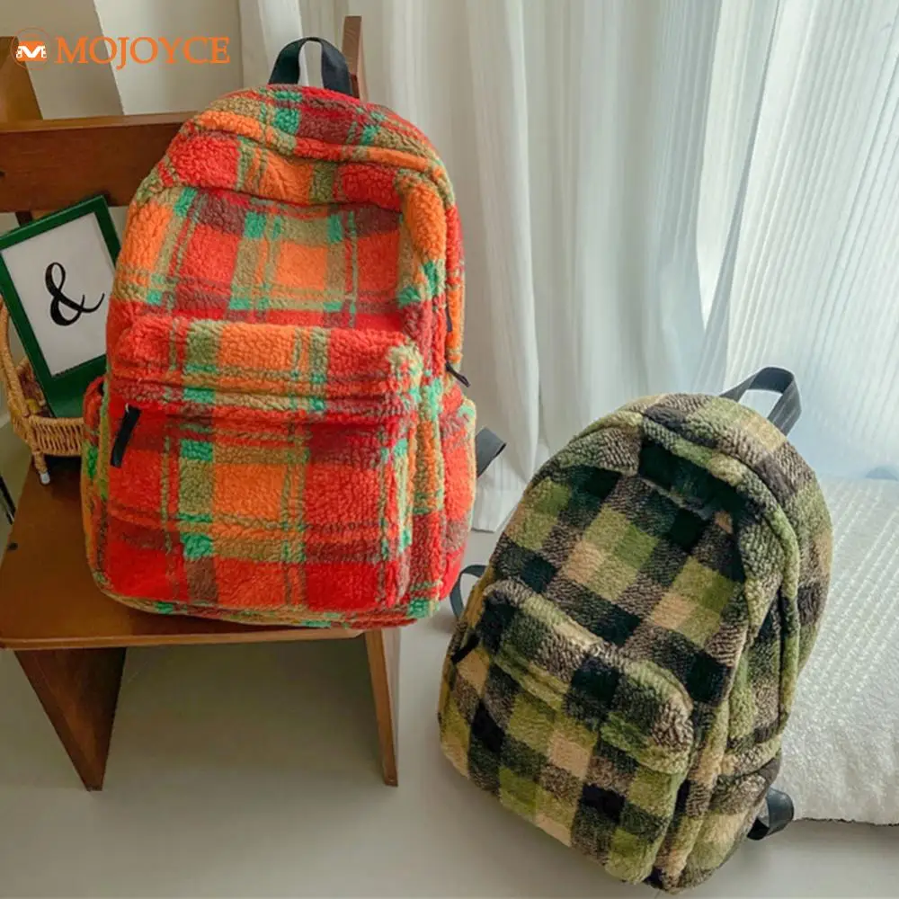 Lamb Wool Color Clash Schoolbag Winter Fluffy Student Mochila Faux Fur Women\'s Knapsack Soft Furry Plaid Ladies Fashion Backpack