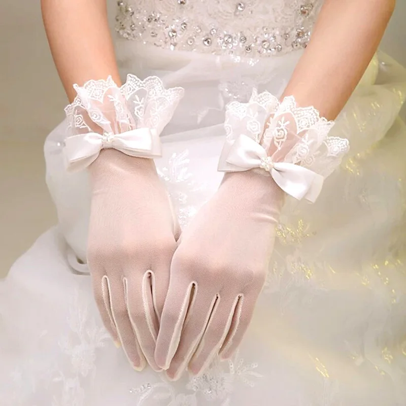 Ivory Short Fingerless Tulle Bridal Gloves with Pearl Accent & Lace Cuff Perfect for Summer Weddings