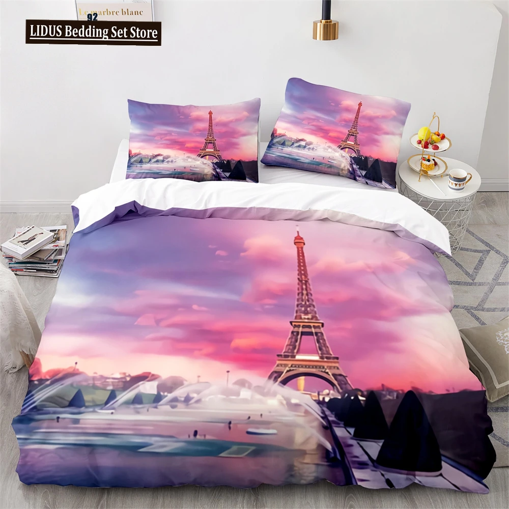 

Eiffel Tower Duvet Cover Set Lake Colourful Cloud Beautiful Landscape Bedding Set King Size For Kid Polyester Comforter Cover