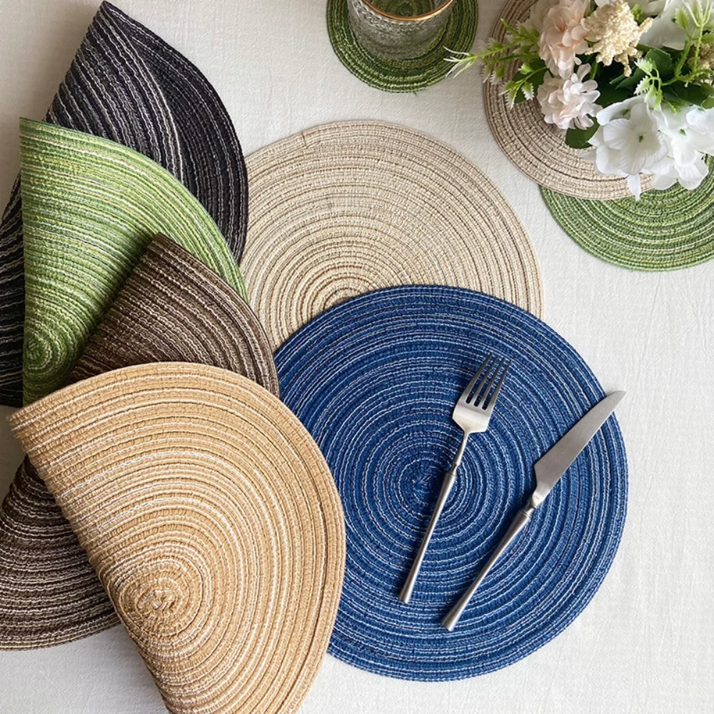 1/4pcs Nordic Style Imitation Cotton Yarn Placemat Round Ramie Woven Coaster Insulation Dish Mat Household Anti-scald Mat ﻿