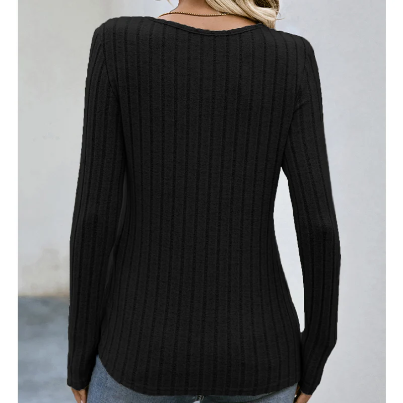 Autumn Elegant Fashion New Chic Pullover Women All Match Basic Solid Color Round Collar Button Long Sleeve Stripe Slim Sweater