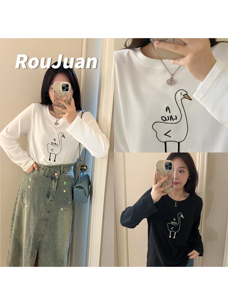 

Женская спортивная футболка с длинным рукавом и флисовой подкладкой, свободного кроя, универсальная, с дизайном в виде белой гуси, антивозрастная