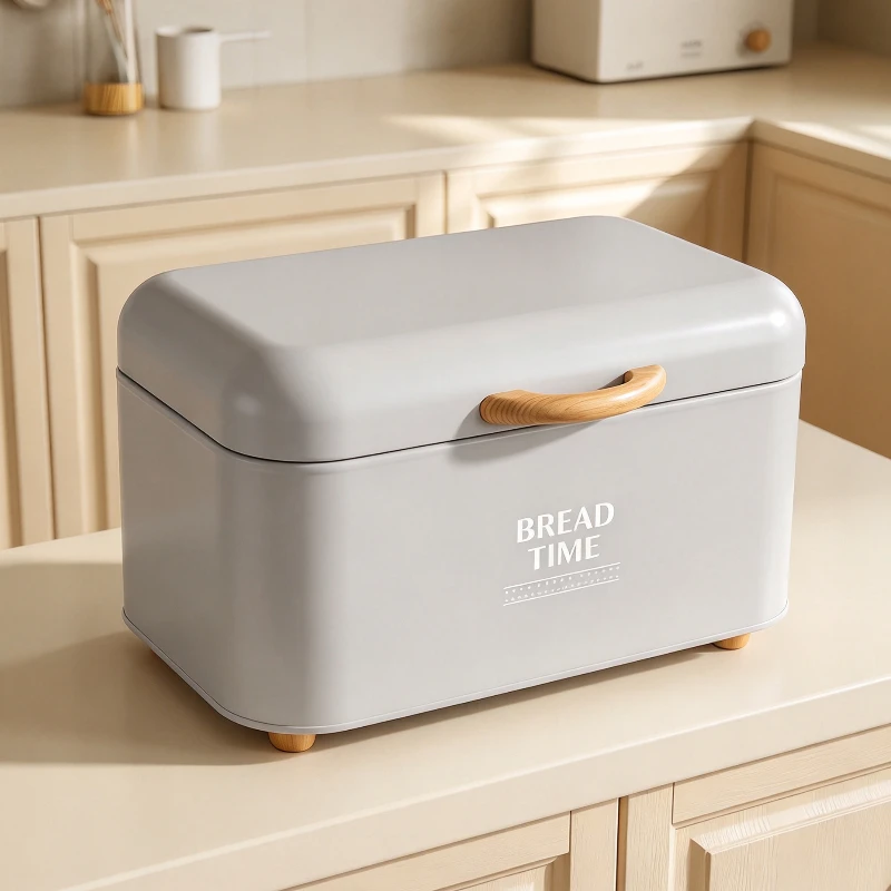 Wood handle desktop bread box for storing items in the entrance, storage box with lid, wooden feet, galvanized iron bread box