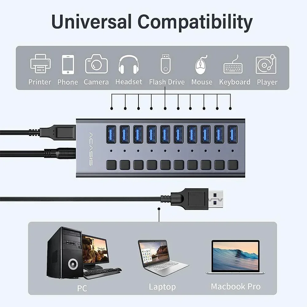 Acasis-Divisor USB de aluminio, expansor de 10 puertos USB 3,0, concentrador de datos, interruptores de encendido/apagado individuales para Pc y portátil