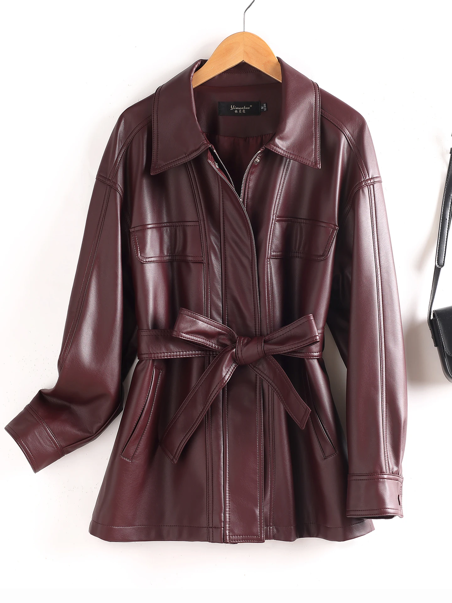 

Ning Genuine Leather Coat Women's Mid-Length Belted Waist High-Defn Outerwear New Autumn Spring Loose eepskin W...