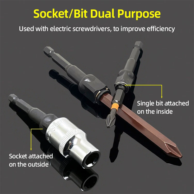 1/4 3/8 1/2 Impact Drill Socket Adapter 2-in-1 Screwdriver Bit Extension Converter Hex Shank Adapter Kit Nut Driver Drill Tools