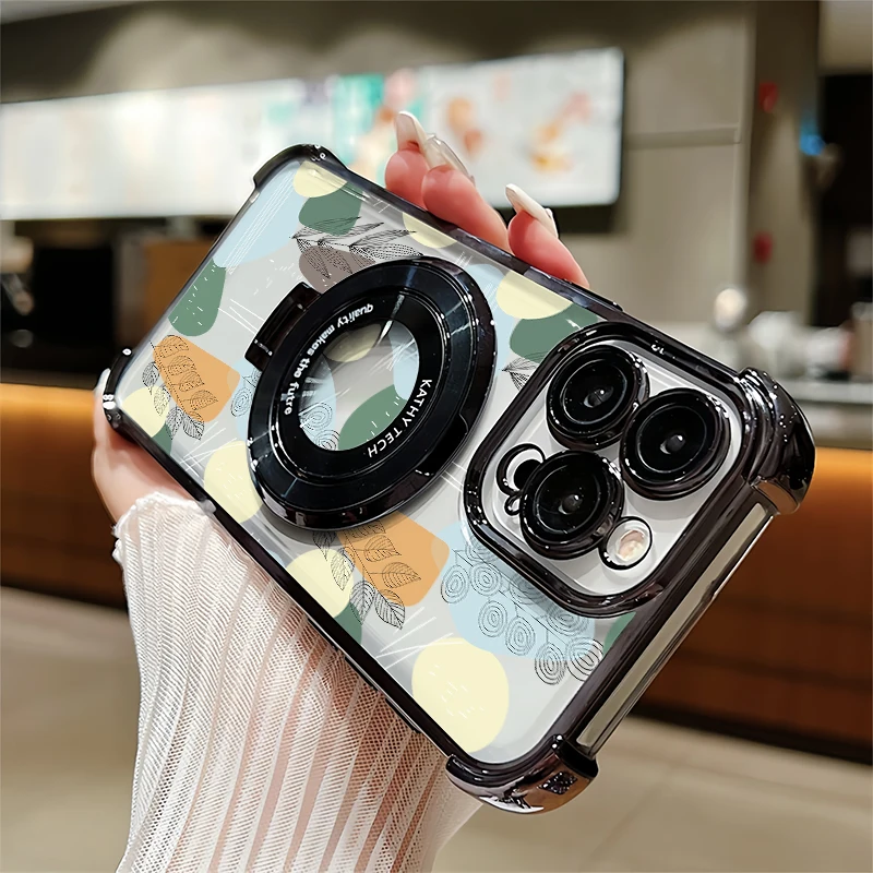 

Leaves Painting Phone Case For iPhone 17 Air 16 17 Pro Max 15 16 Plus 17E 16E Silicone Shockproof Stand Holder Plating Cover