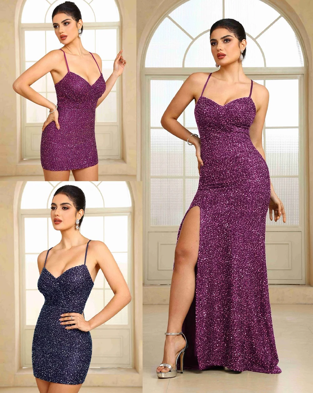 

MisShow Sexy Sequins Short Dress Spaghetti Straps V-Neck Lace-Up Backless Sheath Prom Gowns Sparkling Summer Cocktail Dresses