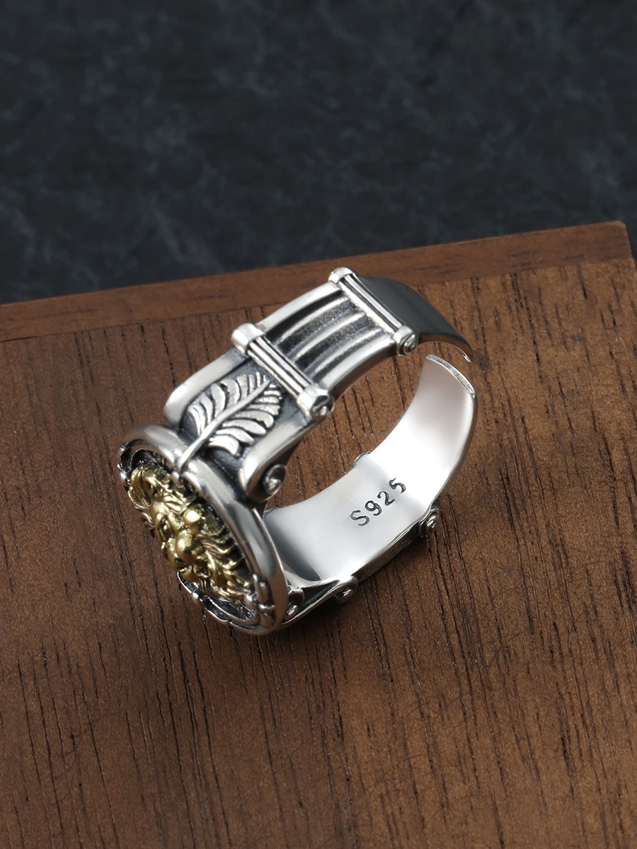 S925 openning silver ring personalized hip hop domineering Lion's Head Dragon scale loop