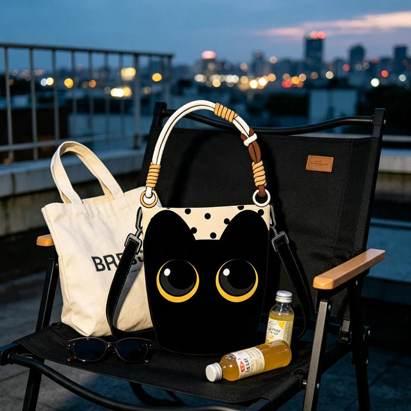 Gepunktete Cartoon-Katzen-Canvas-Umhängetasche, Niedliche Schwarze Kätzchen-Beuteltasche, Geräumige Casual-Shopper-Tragetasche – Detail 6
