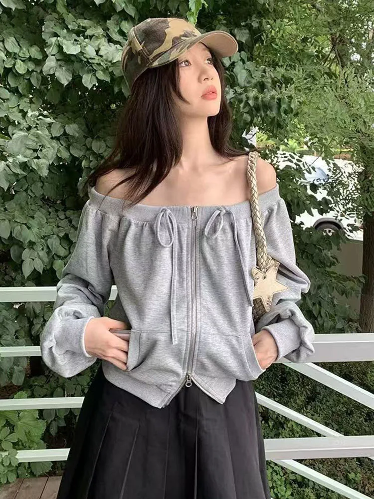 

Slash Neck Zipper Sweatshirts Women Long Sleeve Spring Autumn Bandage Coats Sports Pocket Off Shoulder Vintage Female New Tops