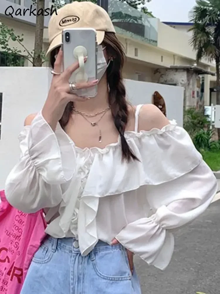 

Flare Sleeve Blouses Women Ruffles Elegant Spring Off Shoulder Aesthetic Slash Neck Students Vacation Beach Style Fashion New