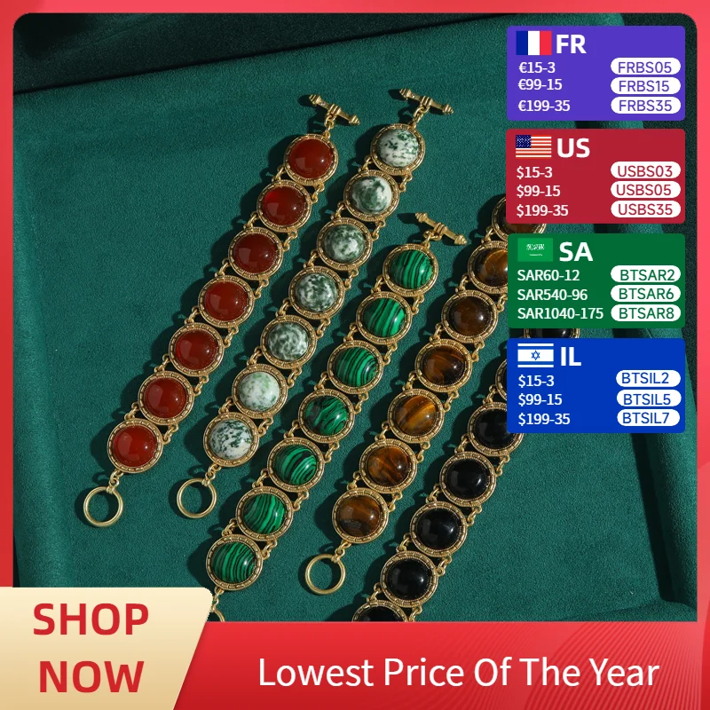 

5 Colors Vintage Round Charm Bracelets Made Of Natural Stone Gold Color Bangles Antique Jewelry Women'S Accessories 2025 New