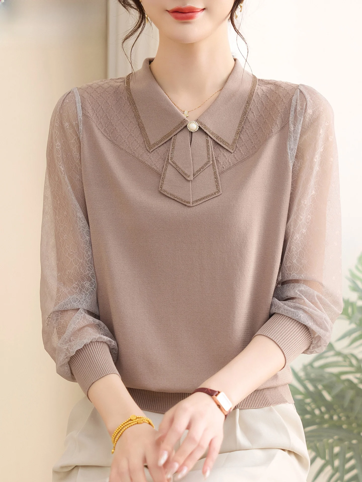 

Spring Knitted Base irt Ele Svel Top for Middle-Aged And ly Women Faionable Loose Fit Long Polyester