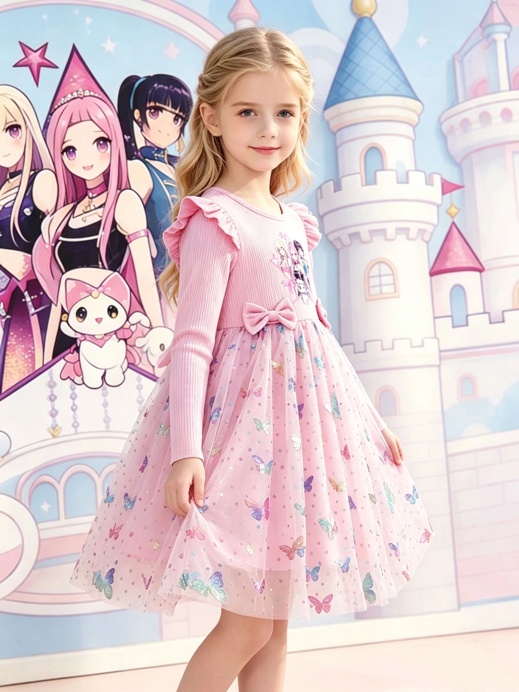 Langärmliges Tüllkleid für Mädchen, Cartoon-Druck, Schleifendekoration, Pailletten-Schmetterlings-Tüllrock, Herbst-Outfit im Prinzessinnen-Stil für Li – Detail 2