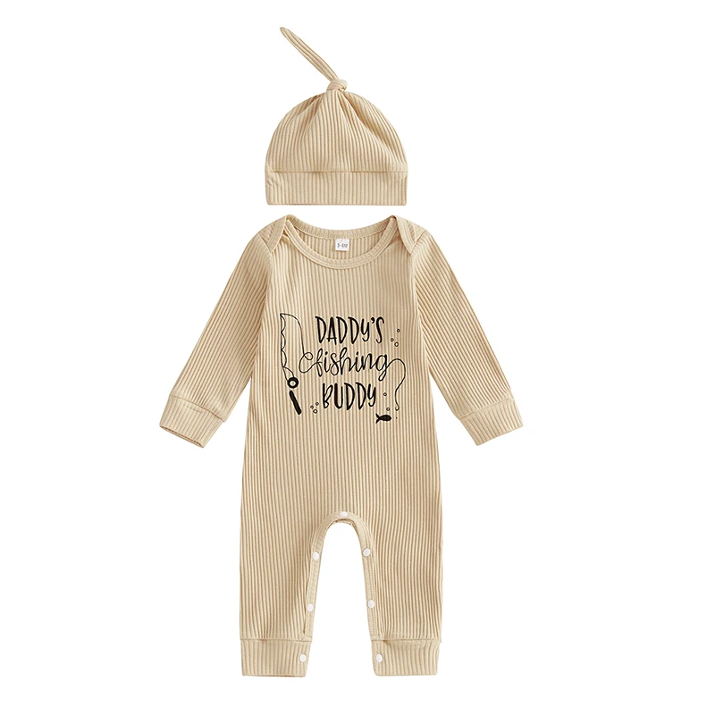 Baby Boys Jumpsuit Set Long Sleeve Crew Neck Letters Print Romper with Hat for Casual Daily