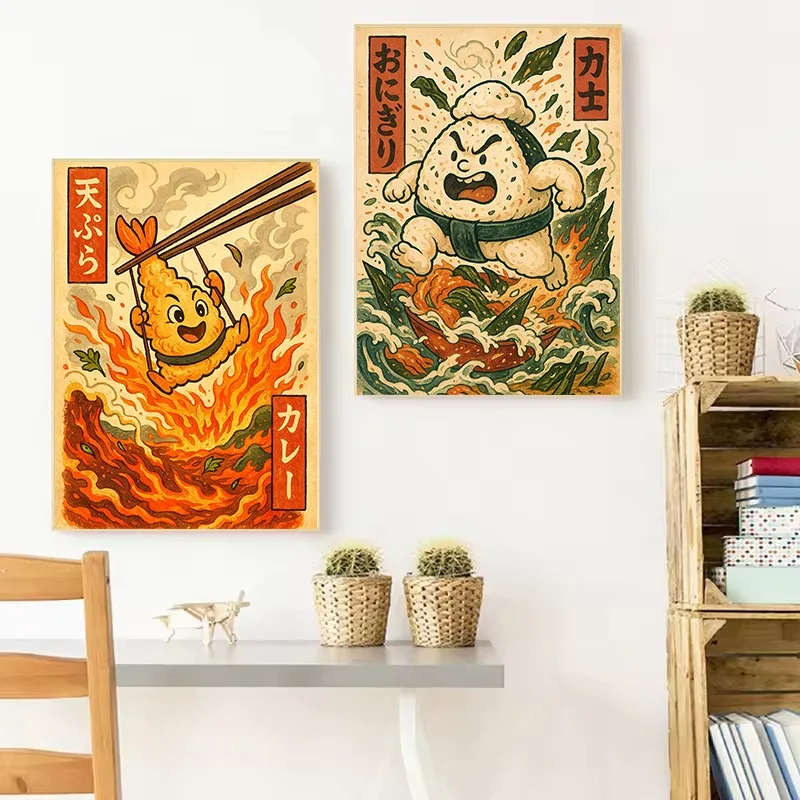Retro Japanese Food Tempura Ramen Sushi Crane Illustration Poster Printed Canvas Painting Wall Art Pictures Home Decor