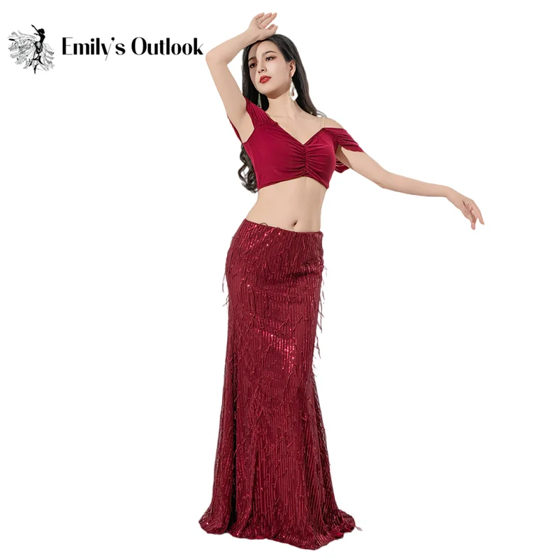 

Костюм для танца живота 2025 года, топ с короткими рукавами, длинная юбка «рыбий хвост», блестящая бахрома с блестками, тренировочная одежда для восточных танцев, сексуальный комплект из 2 предметов