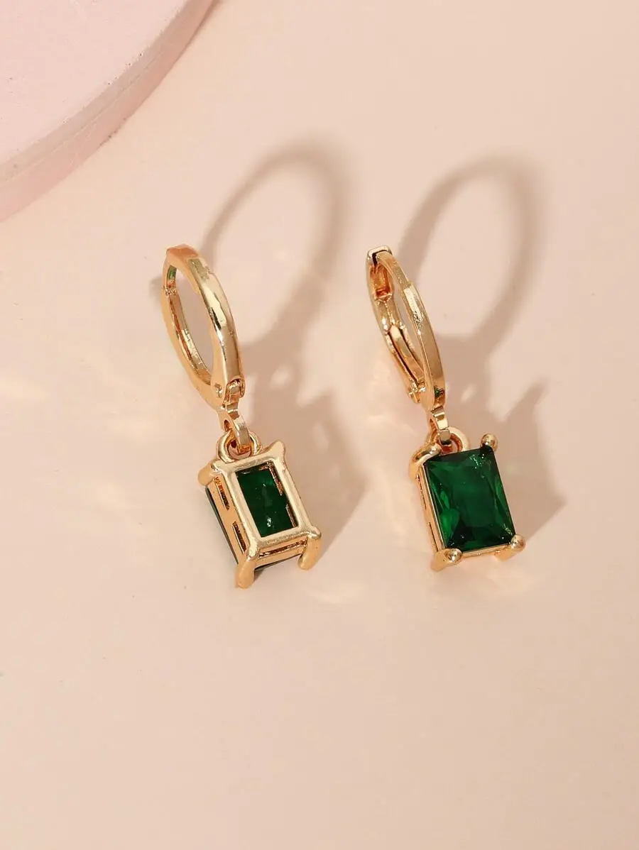 

2pcs Set Rectangular Green Cubic Zirconia Drop Earrings For Women