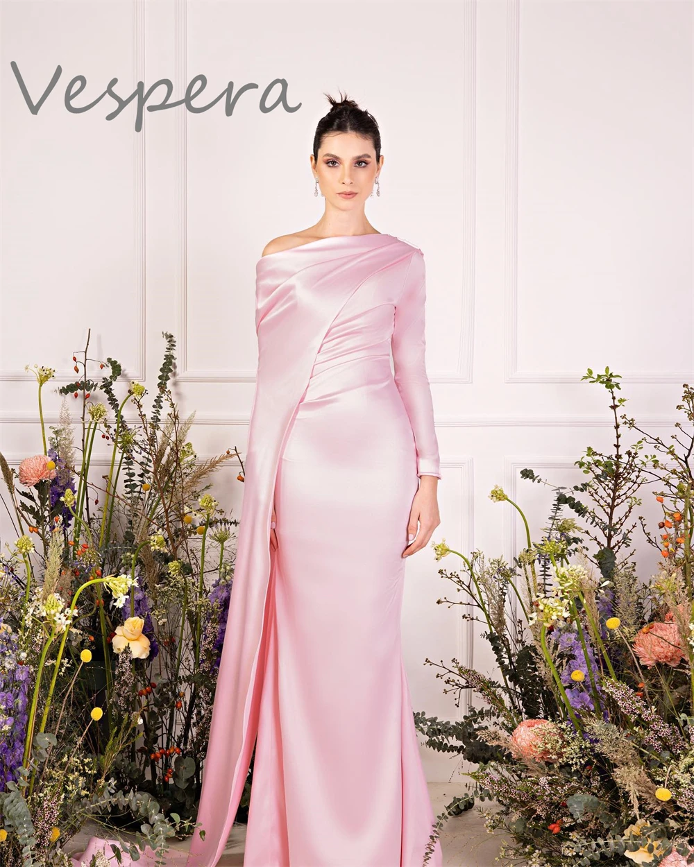 

Customized Mermaid Fashion Pink Satin Evening Dresses Luxury Long Sleeves Homecoming Dresses Temperament Celebrity Gowns