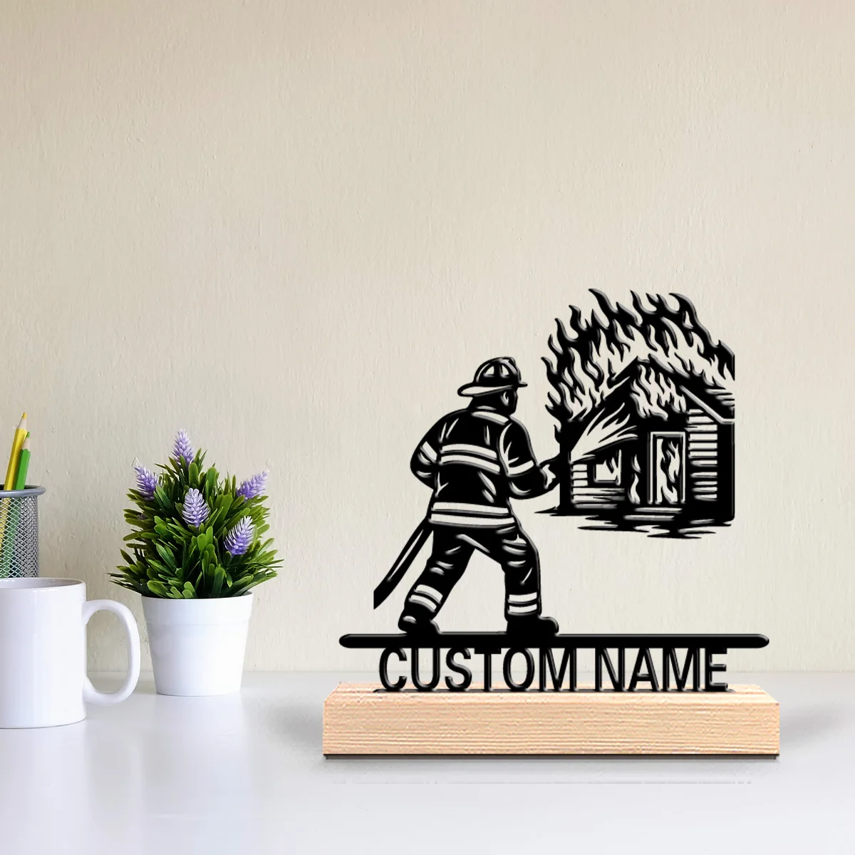 1pc Mysterious Personalized Custom firefighter Metal Statues Modern Wooden Base Decor for Office, Living Room, Nature-Inspired
