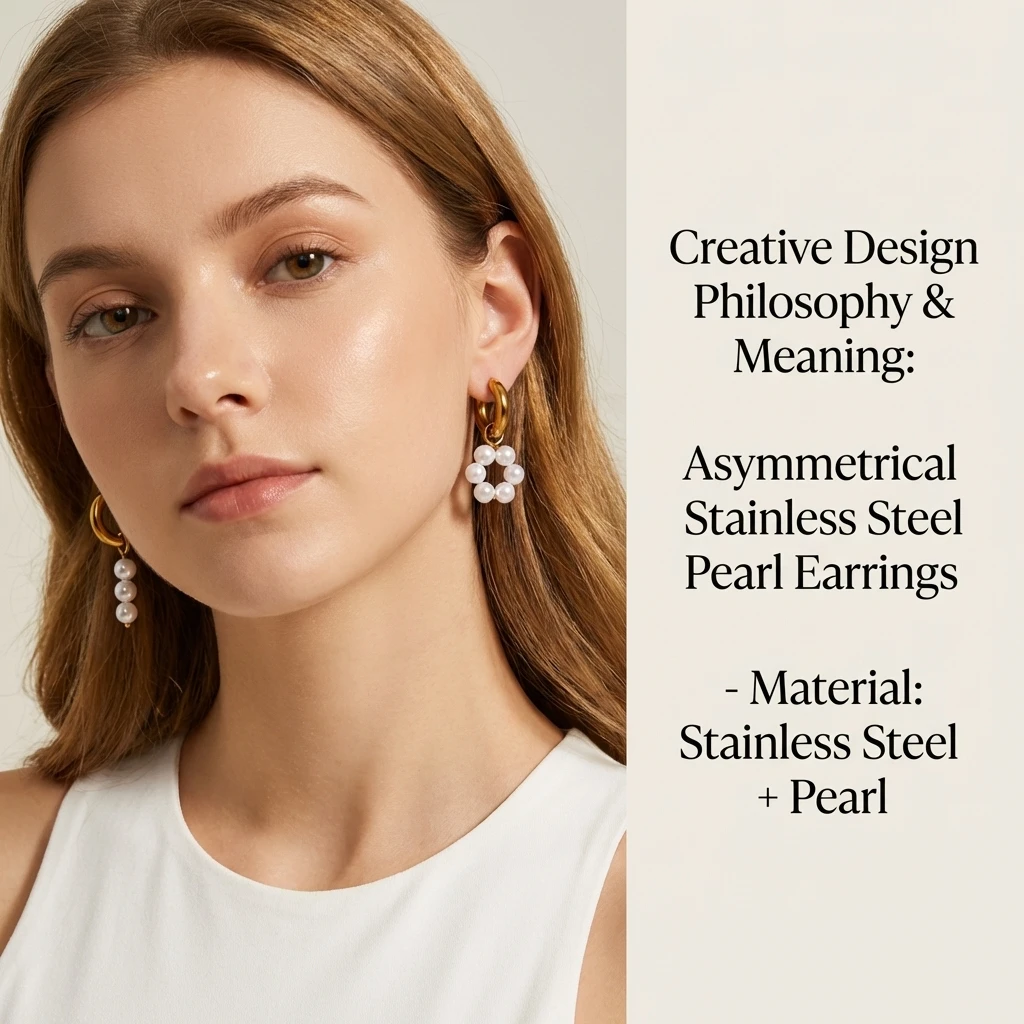 Asymmetrische Edelstahl-Perlen-Creolen mit Glanzfinish für Damen, Ästhetischer Schmuck als Geschenk – Detail 1