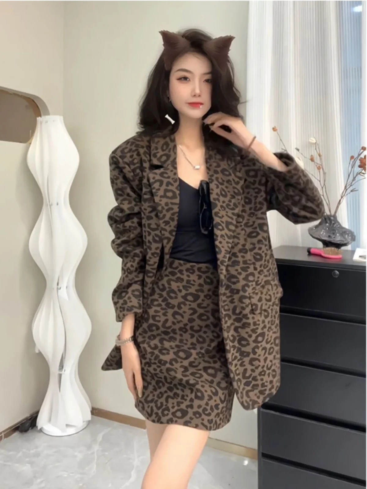 

Faionable Leopard Print Loose Suit Women's Sle Two-Piece Set Autumn New Arrival Button-Up Top ort Skirt Vintage Wind