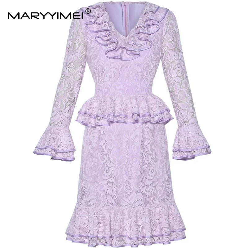 

MARYYIMEI Solid Long Sleeve Slim Flounced Edge Dress For Women V-Neck Flare Sleeved Lace Hollow Out Dresses Party Clothes
