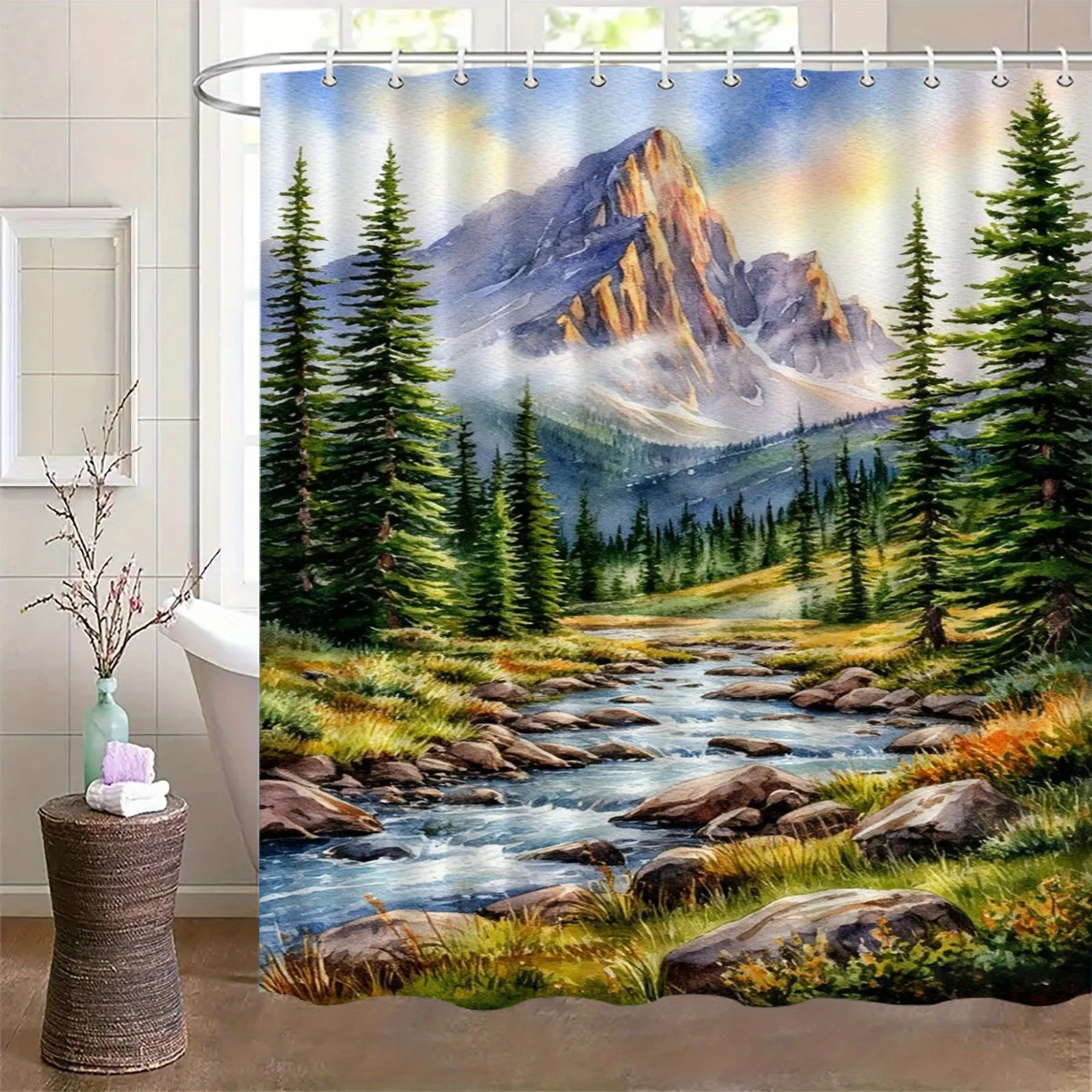 Mountain River Shower Curtain, Pine Forest & Stream Print, Nature Landscape Decor, Waterproof Polyester Fabric Bathroom Screen
