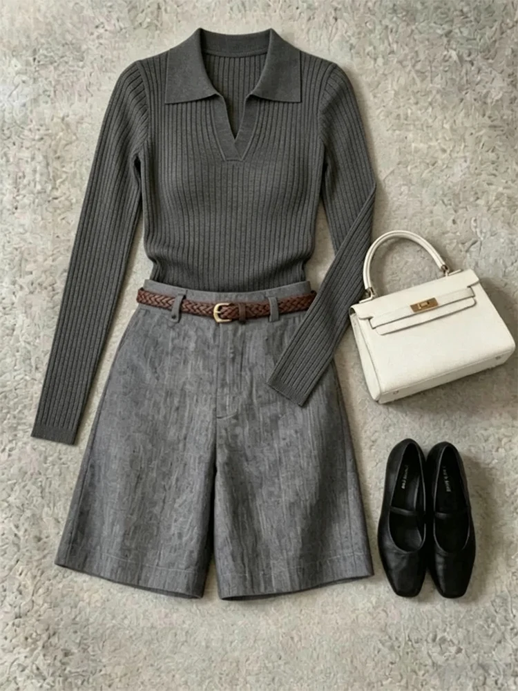 Gray Knitted Long Sleeve Shirt And Shorts Two-Piece Set Fashionable Autumn Collection Money-Saving Vintage Style Women's Outfit