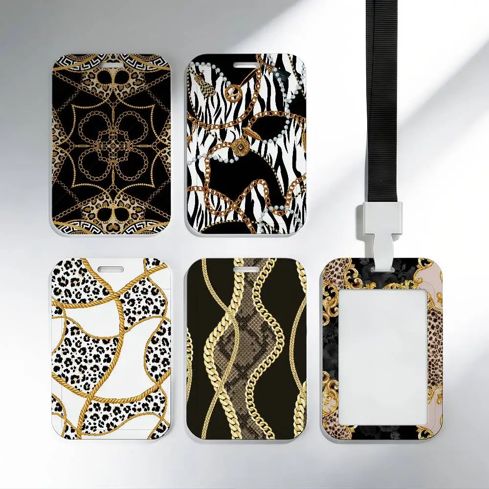 Baroque style leopard snakeskin pattern School Card Access ID Card Holder Bus Meal Card Protective Sleeve Easy Push gift