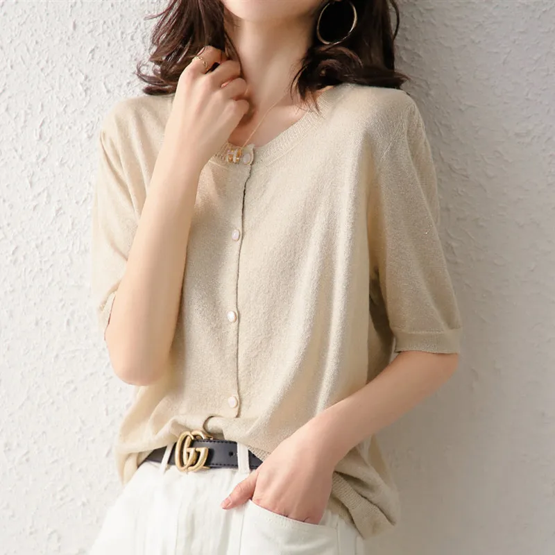 Ice Linen Gold Silk Cardigan Short Sleeved Luxurious Women\'s Spring/Summer Solid Color Round Neck Jade Button Knitted Top