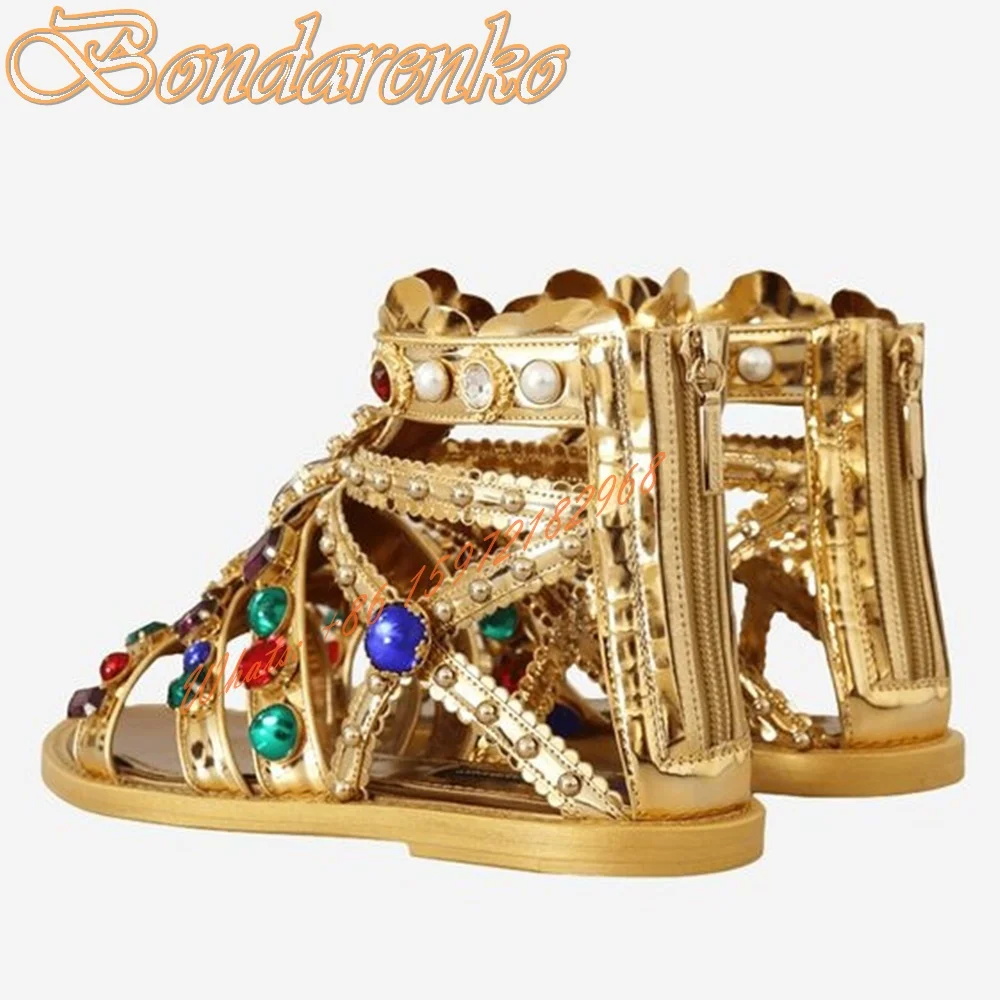 Flat With Colored Diamond Sandals Open Toe Gold Zipper Ankle Women Sandals Summer Party Designer Shoes Pre Sale Big Size Metal