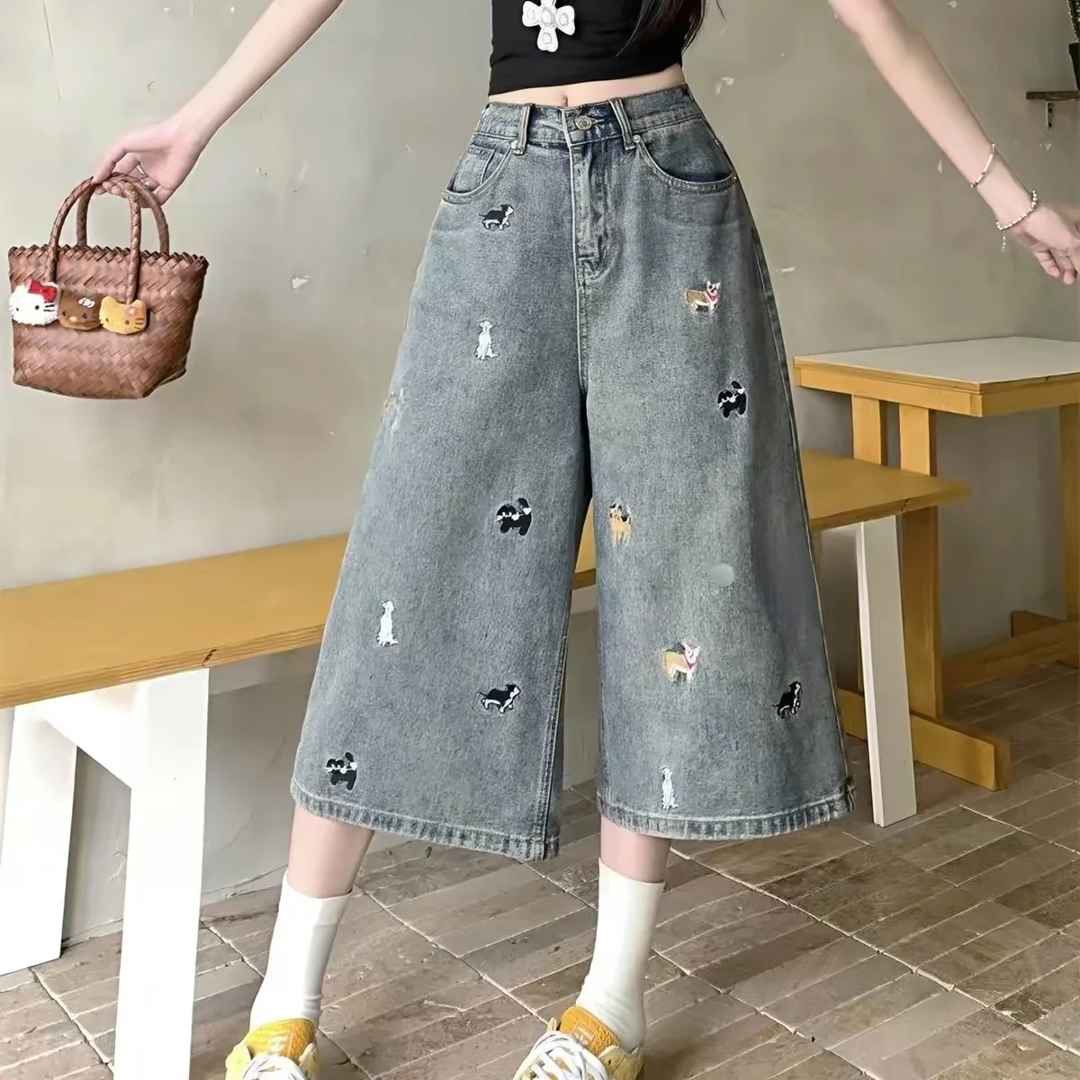 

High Waist American Style Dog Embroidery Shorts Loose Fit Women's Summer New Vintage Denim Jeans High Street Fashion