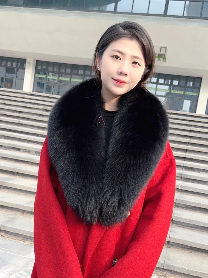 

Натуральная зима, 100% черный воротник из натурального лисьего меха, женский шарф из натурального лисьего меха, шаль с воротником, роскошные теплые меховые шарфы на шею, женские