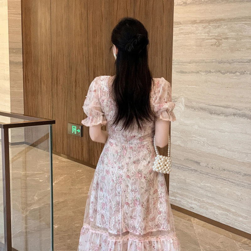 Vestido de hadas e de estilo princesa, vestido de encaje de manga corta con cuello cuad y estampado Floral, noveda...