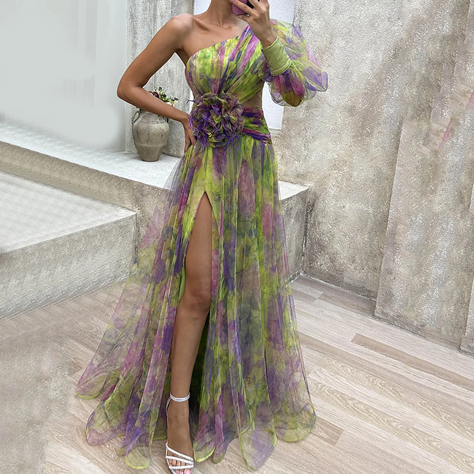 Formele Avondjurk Elegante One Shoulder Tie-Dye Baljurk Met Mesh Bubble Mouwen Split Zoom Damesavondjurk Met