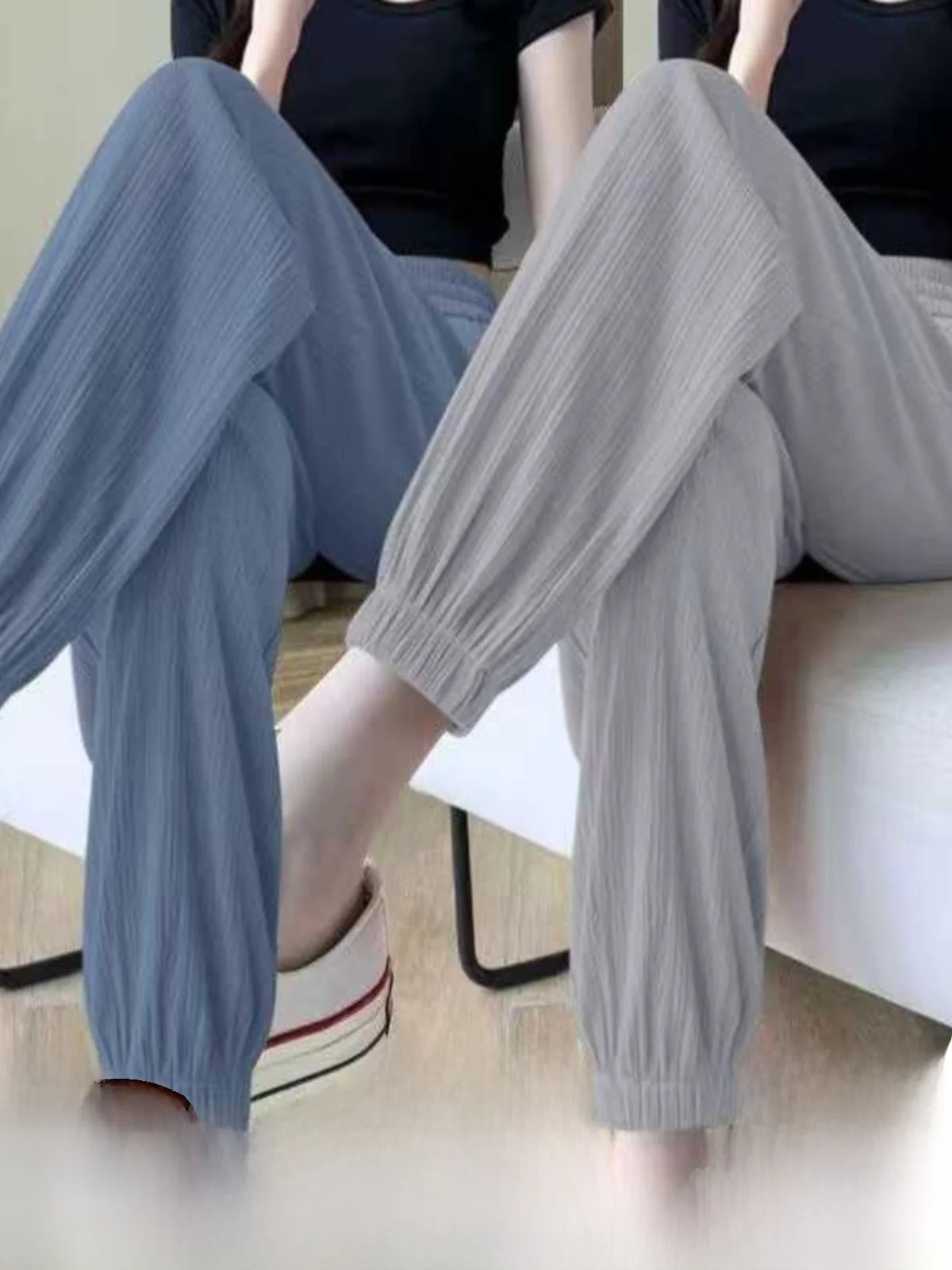 Ice Silk Sports Pants Women's Loose Cuffed Summer Casual Drapey Slimming Wide Leg Lantern Pants Single Two-Piece Set