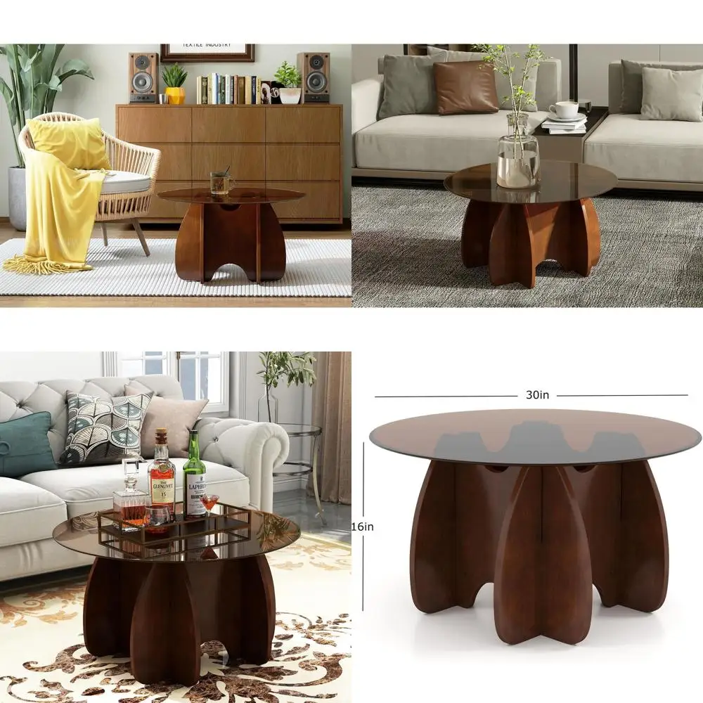

Modern Round Brown Glass Coffee Table, Expandable Accent Furniture for Small Living Spaces
