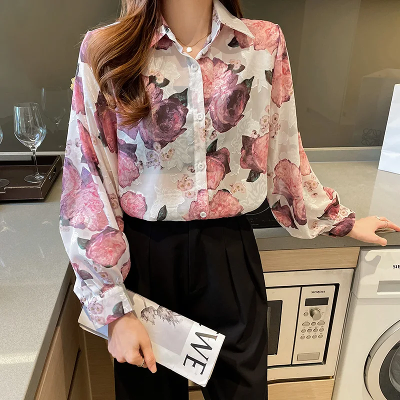 Women Spring Korean Fashion Loose Printing Turn-down Collar Long Sleeve Shirts Women Clothes Casual Office Lady All-match Tops