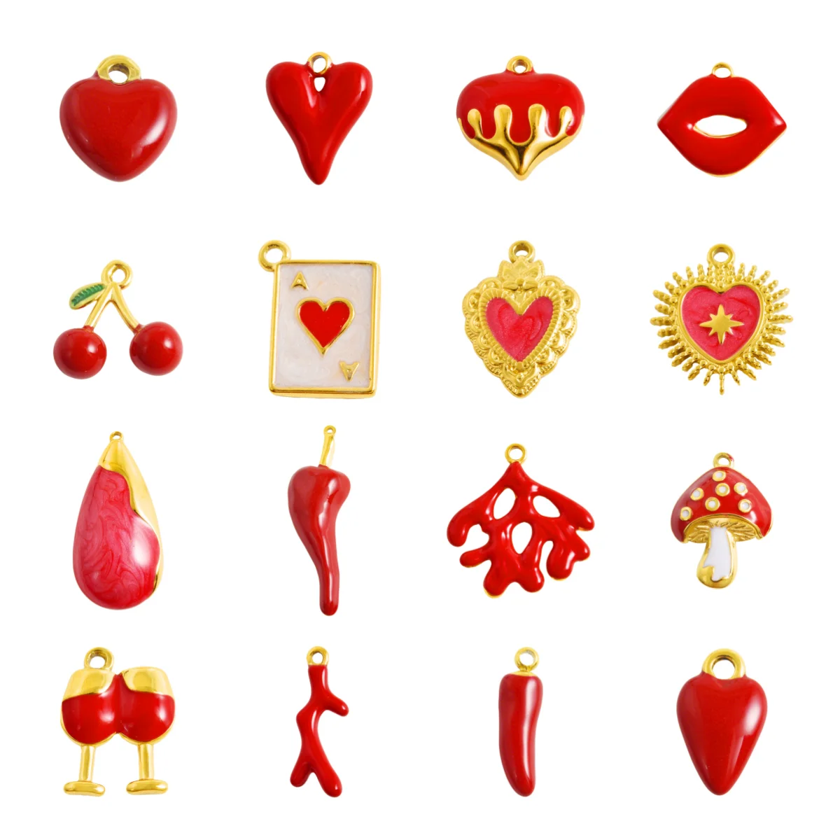 

3pcs Golden Charm Enamel Stainless Steel Red Lip Chili Mushroom Coral Pendant Red Peach A Chic Pendants DIY Jewelry Making Gift