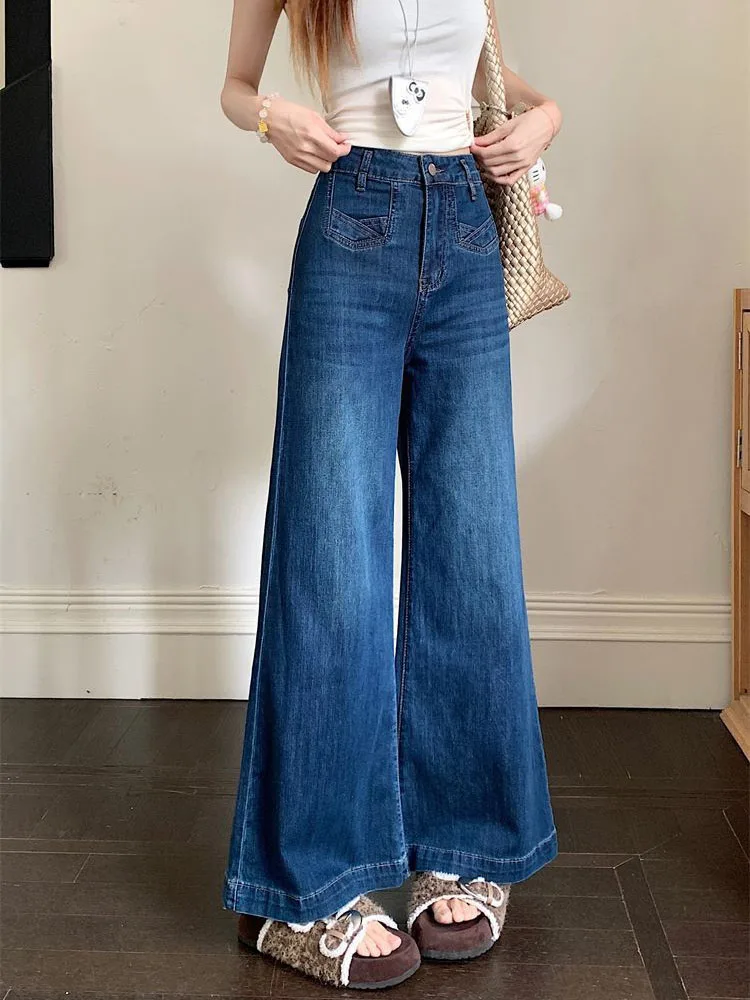 กางเกงยีนส์แฟชั่นทรงหลวมสไตล์วินเทจ ล้างสี เอวสูง ผู้หญิง สวมใส่สบาย ยืดได้ ทรงตรง ขากว้าง ทรงบูทคัท